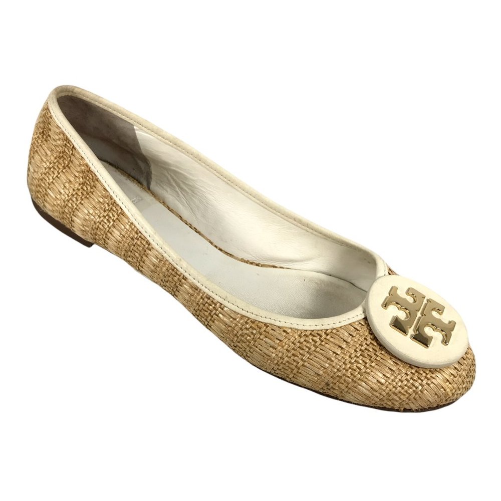 Tory Burch Womens Reva Raffia Gold Woven Round Toe Slip On Ballet Flats Size 10